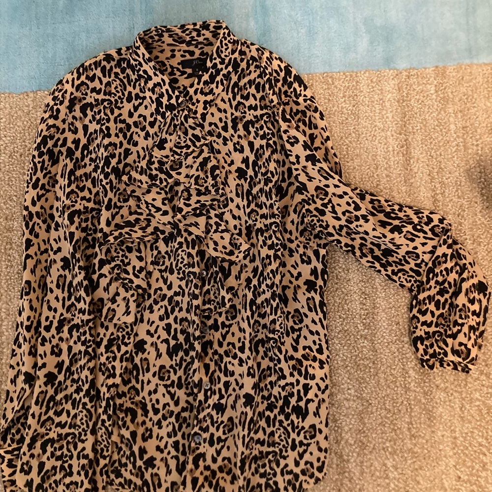 JCrew animal print blouse with ruffle.